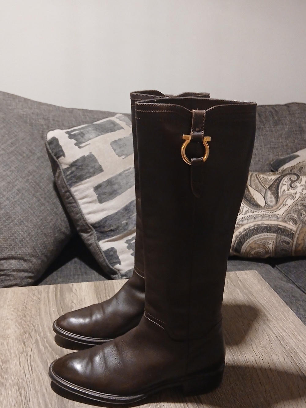 Salvatore Ferragamo Fersea Brown Leather Gancini Riding Boots Size 6.5